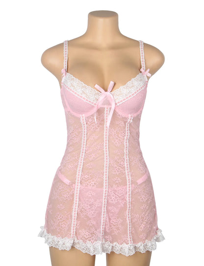 Pink Sexy Lace Ruffled Suspender Nightdress for Women Babydoll Lingerie Push Up Chemise Sleepwear