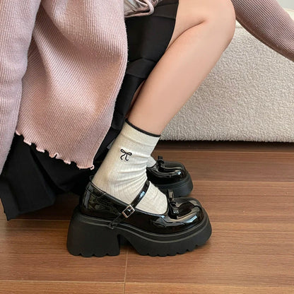 Japanese Style Bow Chunky Platform Pumps Women Ankle Buckle Thick Heels Mary Jane Shoes Woman Preppy High Heel Pu Leather Shoes