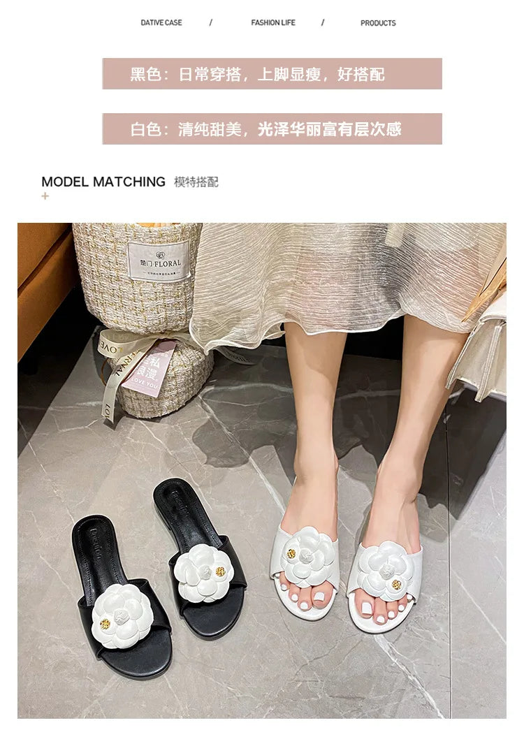 High End Luxury Flower Slippers Women Camellia Shoes Open Toe Slides Femme Outside&amp;Home Pantuflas Sandals Ladies Flip Flops