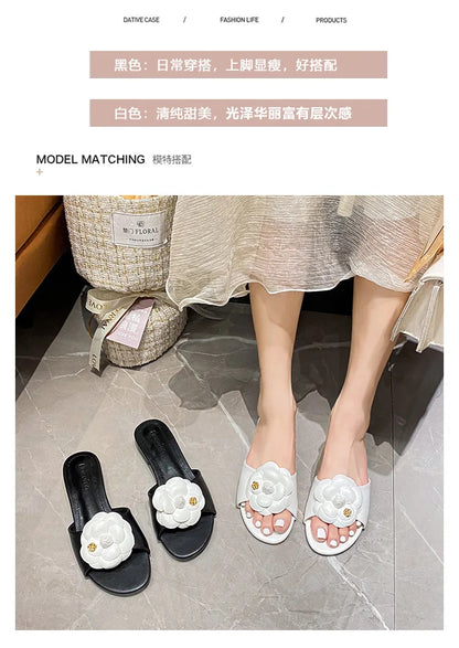 High End Luxury Flower Slippers Women Camellia Shoes Open Toe Slides Femme Outside&amp;Home Pantuflas Sandals Ladies Flip Flops