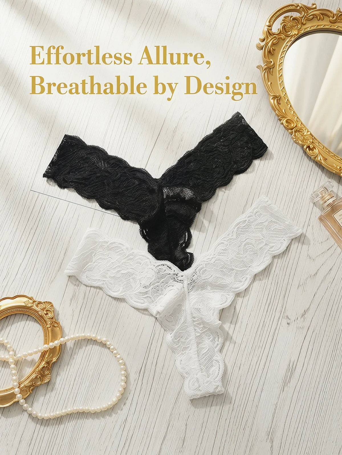 2 pcs Women Lace Thong Sexy G-string Floral Lace Vintage Elegant Understated Black White Sheer Low Rise Lingerie C915