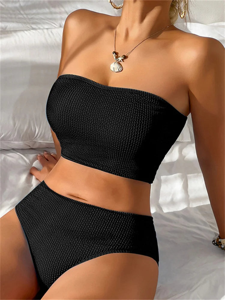 Sexy Bandeau Bikini 2025 Mujer Women Black Ribbed Push Up High Waist Swimsuit Summer Beach Bathing Suit Holiday Swimwear Biquini