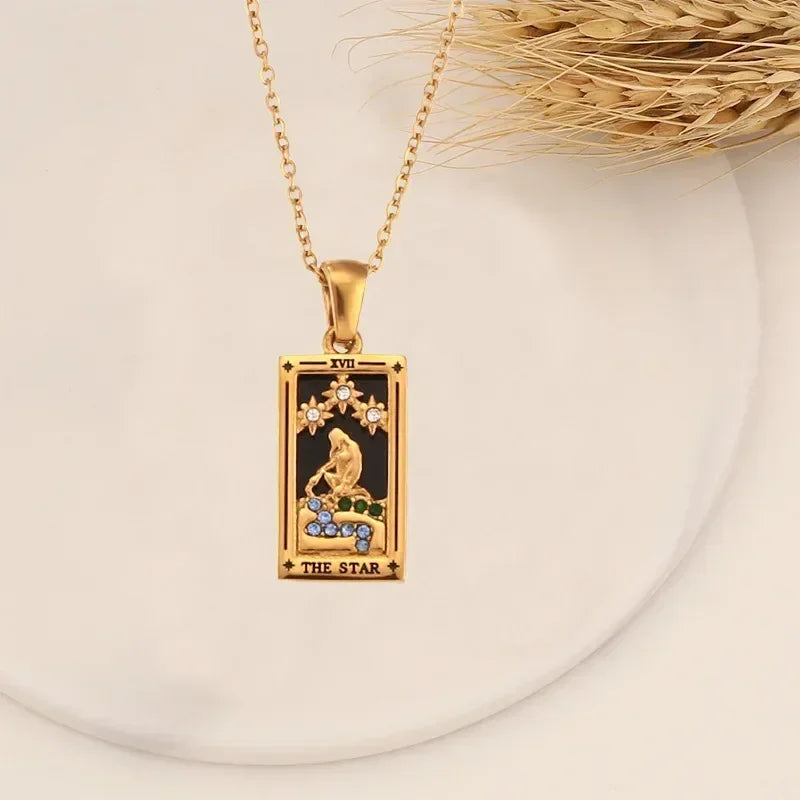YILUOCD Original Zirconia Tarot Card Necklace Classic Tarot Queen Lover Magician Moon Wealth Amulet Stainless Steel Jewelry