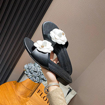 High End Luxury Flower Slippers Women Camellia Shoes Open Toe Slides Femme Outside&amp;Home Pantuflas Sandals Ladies Flip Flops