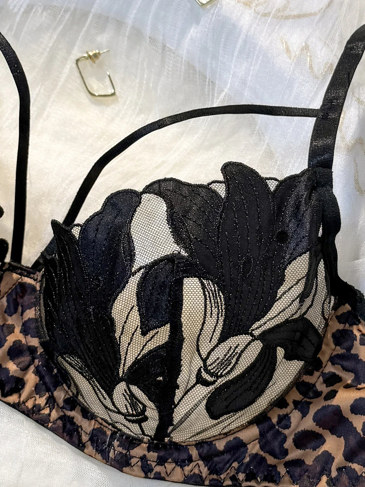 Retro leopard print patchwork floral embroidery lingerie set - Sophisticated netting 3/4 cup shaping bra thong set ZA825183