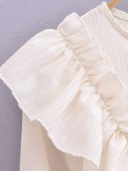 Foridol Ruffles Tierred Beige Lantern Sleeve Women&