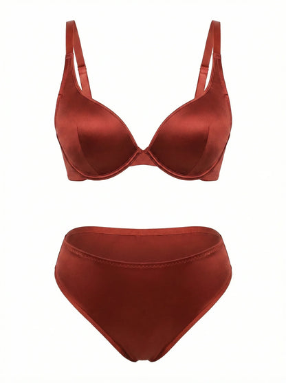 Plus Size Satin Lingerie Set Women Burnt Copper Unlined Underwire Bra and Panty Set Sexy Shiny Vacation Intimates set MR3610