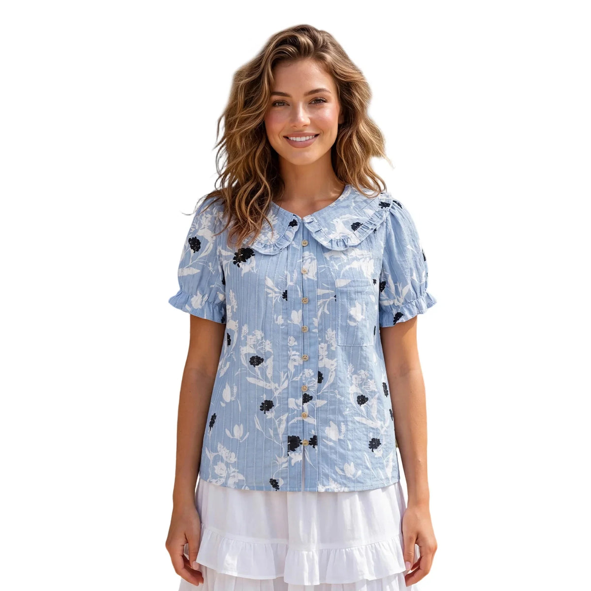 Women Doll Collar Loose Floral/Solid Tops Short Sleeve Button-down Shirts Casual Summer Streetwear