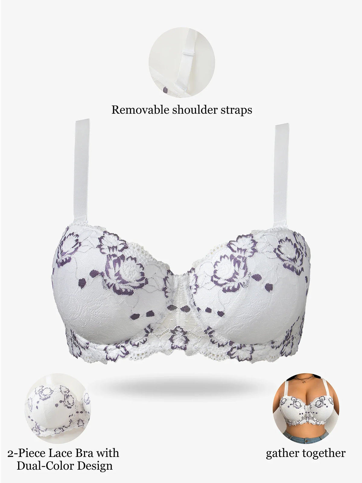 Daily Wide Strap Plus Size Women Bra Lace &amp; Embroidery Push up Bra Comfort Thin Cup Underwire Support Lingerie Bra