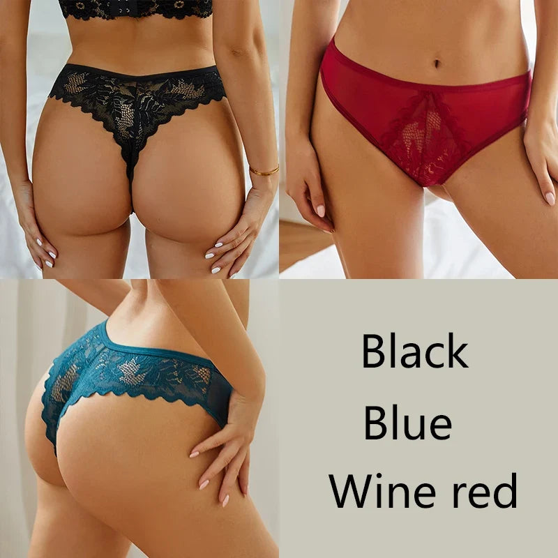 3-Piece Lace Thong Set for Women — Sexy Low-Rise G-String Panties