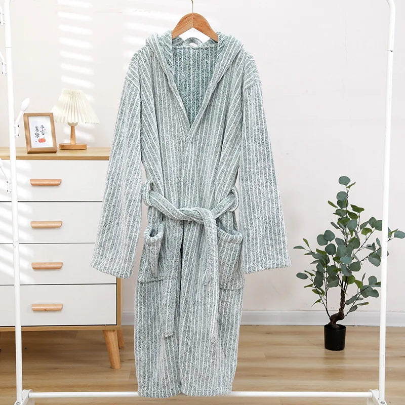 1pcs Unisex Autumn Stripe Bathrobe Hooded Kimono Bath Robe Night Cozy Sleepwear Women Dressing Gown Home Clothes 2025 New