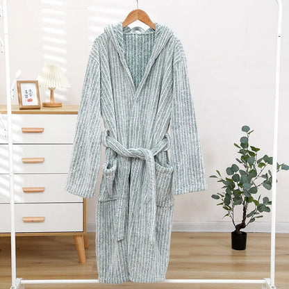 1pcs Unisex Autumn Stripe Bathrobe Hooded Kimono Bath Robe Night Cozy Sleepwear Women Dressing Gown Home Clothes 2025 New
