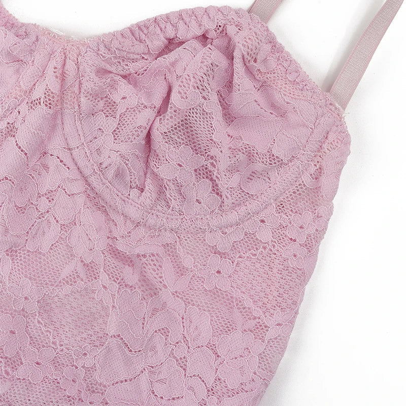 Sexy Women Pink Lace 2 Pieces Set Spaghetti Strap Bodysuit and Ruched Bodyon Mini Skirt Sweetheart Neck Club Party Daily Outwear