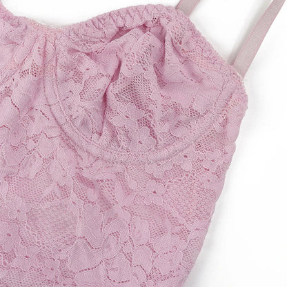 Sexy Women Pink Lace 2 Pieces Set Spaghetti Strap Bodysuit and Ruched Bodyon Mini Skirt Sweetheart Neck Club Party Daily Outwear