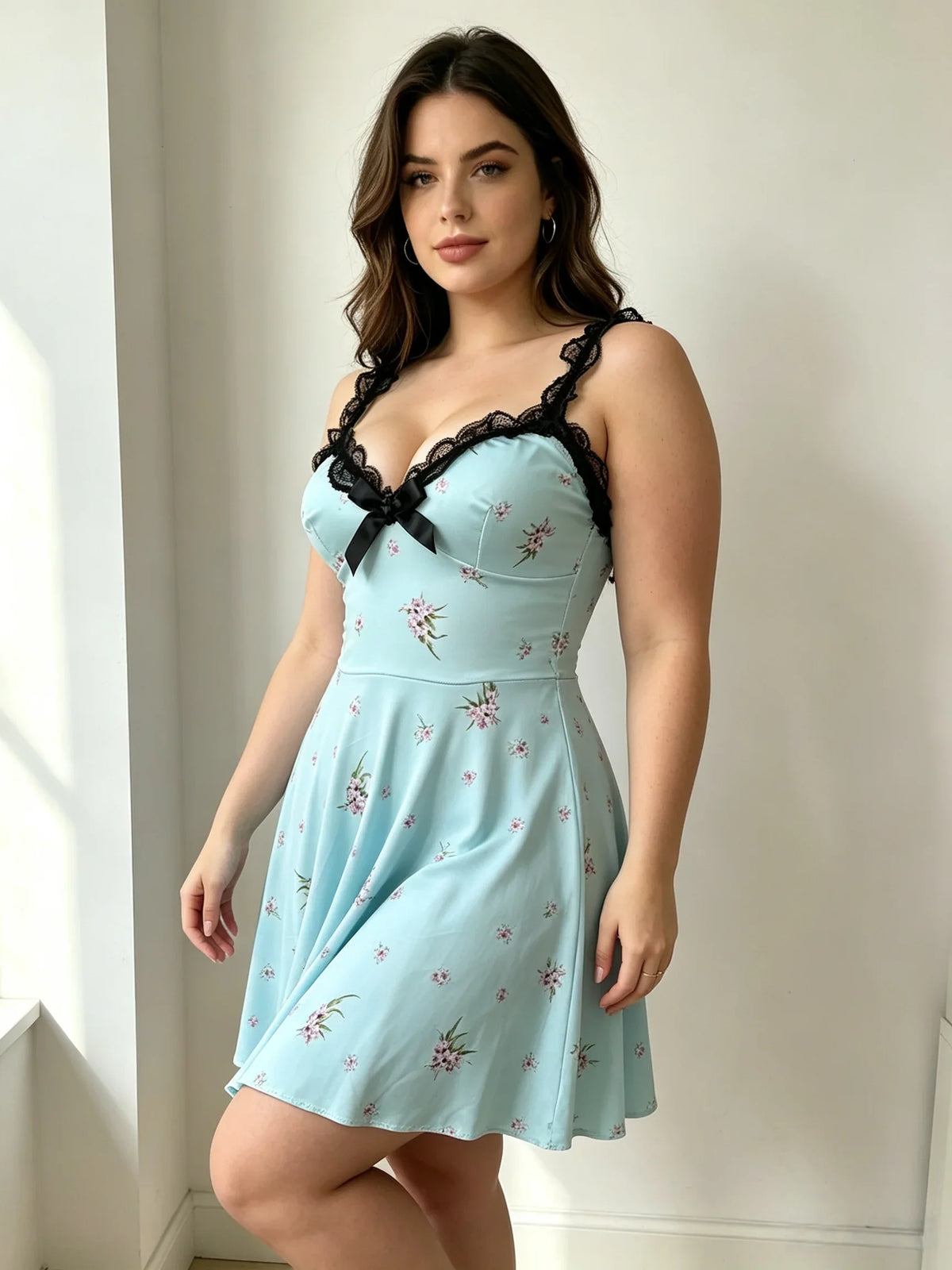 European and American large size elastic body-hugging halter neck sleep dress, blue, floral pattern, lace trim, women&