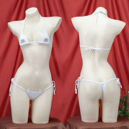 Japanese Kawaii Sexy Lingerie Women Bikini Set Cat Claw Printed Three Point Micro Bra and Panties Mini Swimsuit Bathing Suit