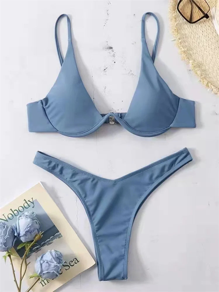 Sexy Underwire Bikini 2026 Mujer Women Solid Red Push Up Bra Thong Swimsuit Haler V Neck Bathing Suit Mini Micro Thong Swimwear