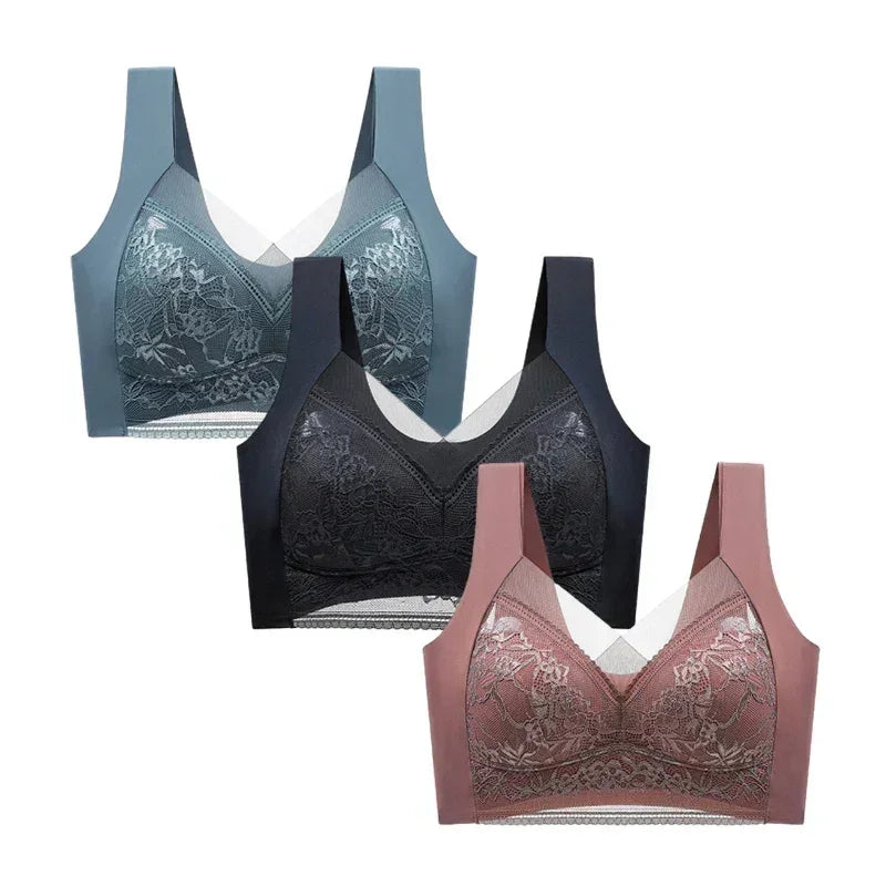 FallSweet 3PCS Lace Push Up Bras for Women Sexy Wireless Bra Ice Silk Deep V Bralette Tops Female Lingerie Mom&