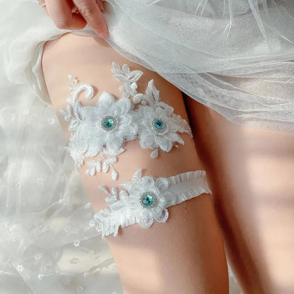 K03 2 PCS Sexy Lace Flower Crystal  Pearls Wedding Garter Belt Thigh Ring Bridal Leg Garter Stocking Garter Belt Girl Women