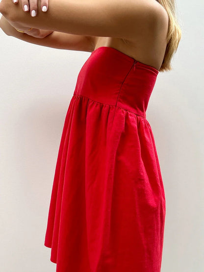 Women Sleeveless Strapless Backless Mini Dresses Summer Solid Color A-line Dress