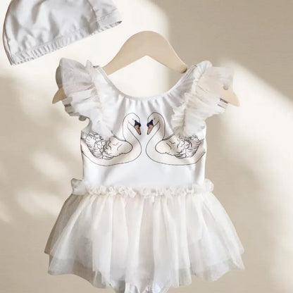 Princess Mesh Swimsuit Baby Girl Swan Cherry Sling Cute Swimming Suit Quick Drying Sun Protection Swim Wear with Cap H8126