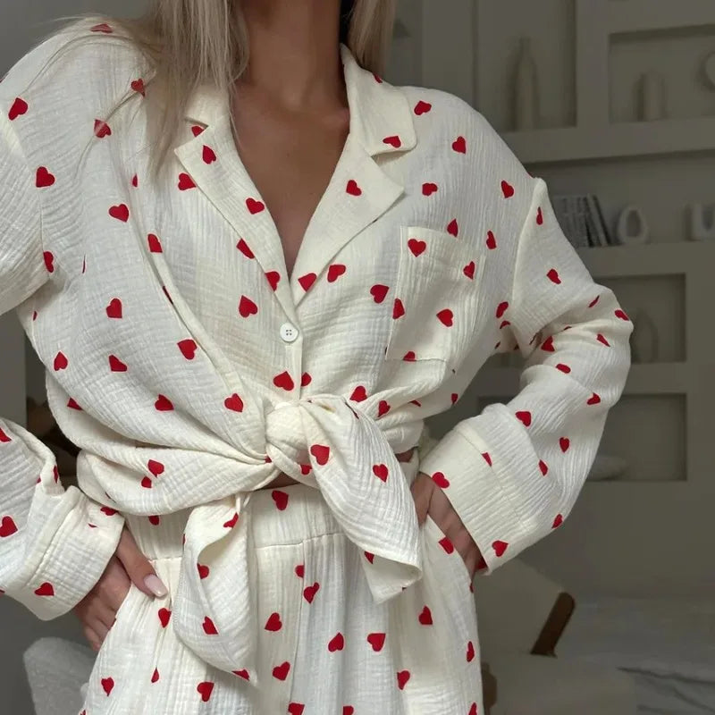 Summer New Love Heart Print Pyjama 100% Cotton Long Sleeve Set 2Pcs Outfit Lapel Sleepwear Button Down Women&