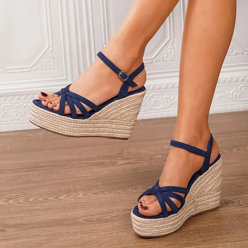 Leisure Comfy Walk Big Size 43 Summer Platform Espadrilles Sandals Women Ankle Strap Sandal 11.5cm Super High Heels Wedges Shoes