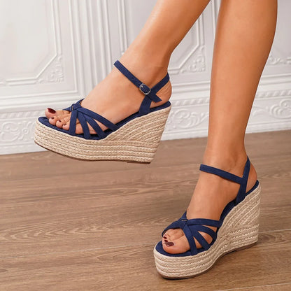 Leisure Comfy Walk Big Size 43 Summer Platform Espadrilles Sandals Women Ankle Strap Sandal 11.5cm Super High Heels Wedges Shoes