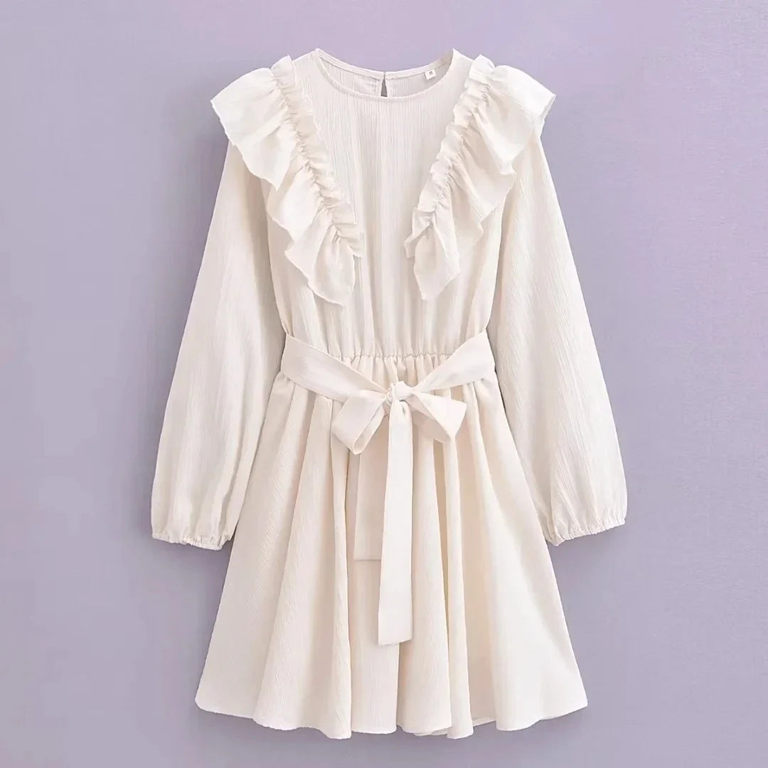 Foridol Ruffles Tierred Beige Lantern Sleeve Women&