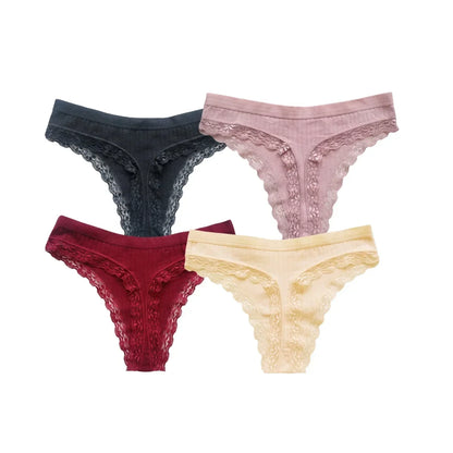 4Pcs/Set Women Cotton Panties Thongs Low Rise G-string Lace Underwear Female Underpants M-XL Sexy Lingerie Panties Intimates