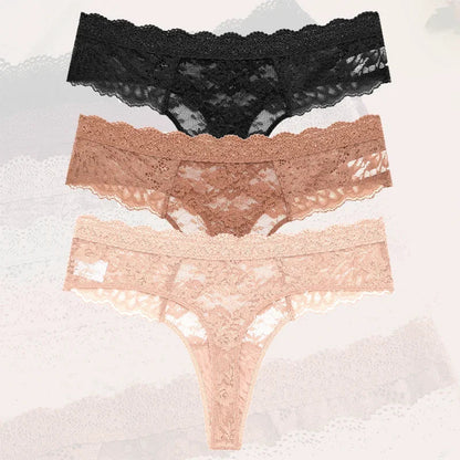 3-Piece Lace Thong Panties for Women – Seamless, Low-Rise Lingerie
