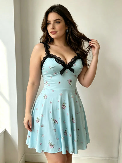 European and American large size elastic body-hugging halter neck sleep dress, blue, floral pattern, lace trim, women&