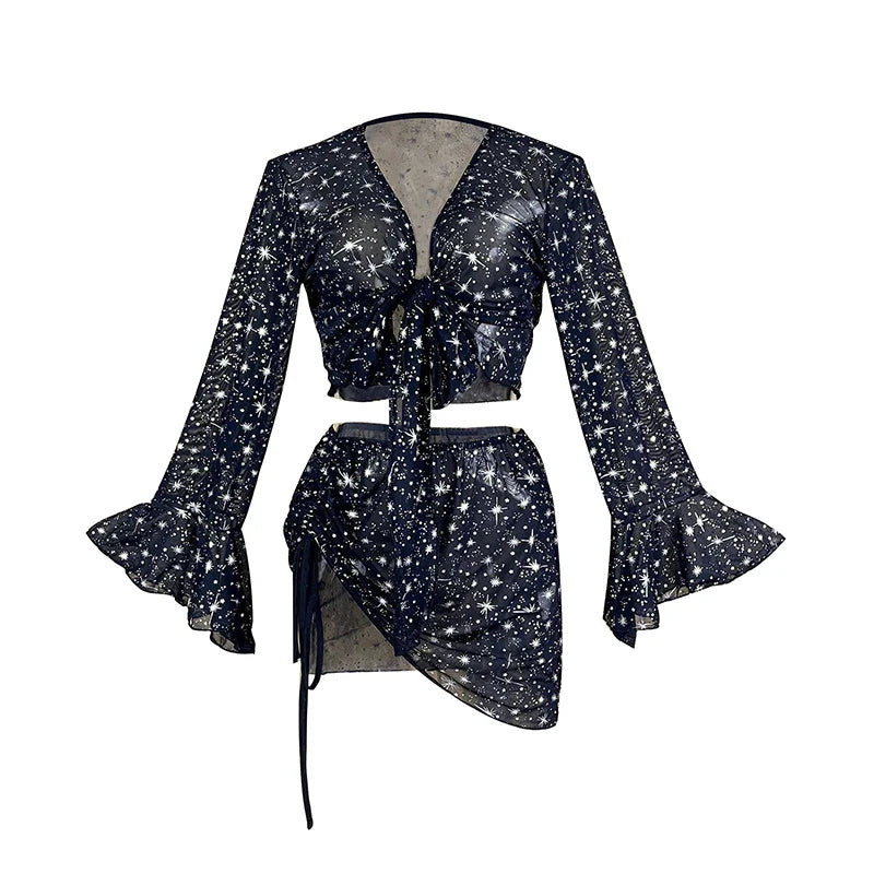 Summer Sleepwear Starry Sky Mesh Pajamas Set Women Flared Sleeve V-Neck Crop Top+Drawstring Bodycon Skirt 2 Pieces Shiny Pajamas