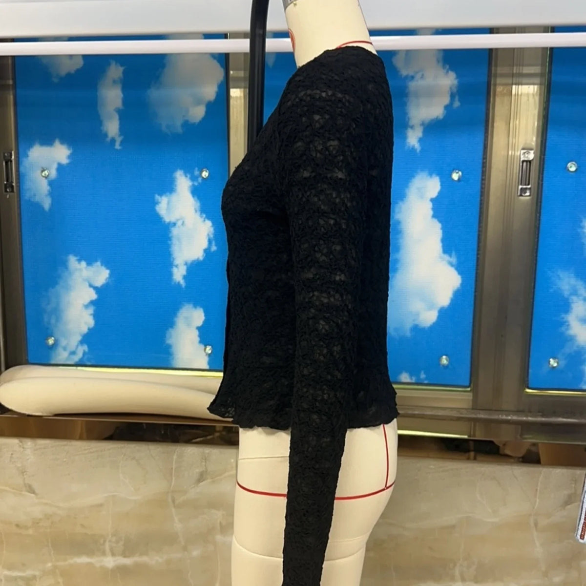 Solid Color Long Sleeve Going Out Lace Top Women Sheer Tops Elegant Round Neck Slim Fit White Textured Button Up T-shirts