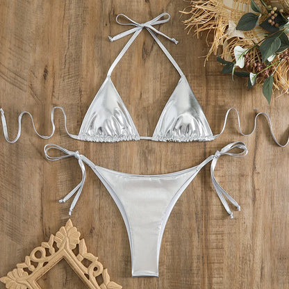 Sexy Gold Silver Red Strings Bikini 2024 Women Swimsuit Female Swimwear Thong Bikinis Set Brazilian Beach Bathing Suit Biquini