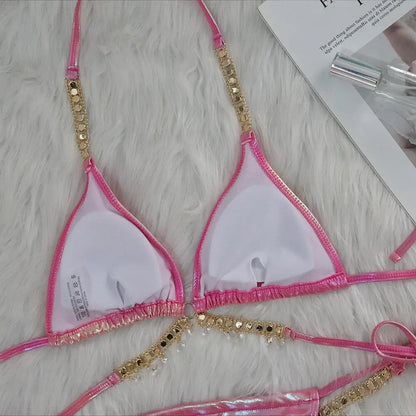 DEKA Shiny Diamond Chain Bikinis Set Mujer Two Pieces Crystal diamond Swimsuit Women Thong Swimwear Sexy Halter Swimsuit