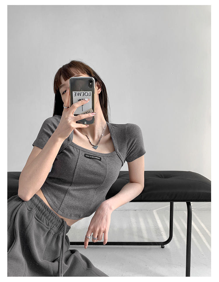 Curved Crop Tops Women Summer Square Collar Short Sleeve T-Shirt Fashion Slim Woman
