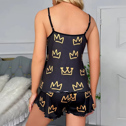 Summer Y2K Cute Cartoon Crown Print Sleepwear Women 2Pcs Crop Top and Shorts Pajamas Set Loungewear Sexy Pyjamas