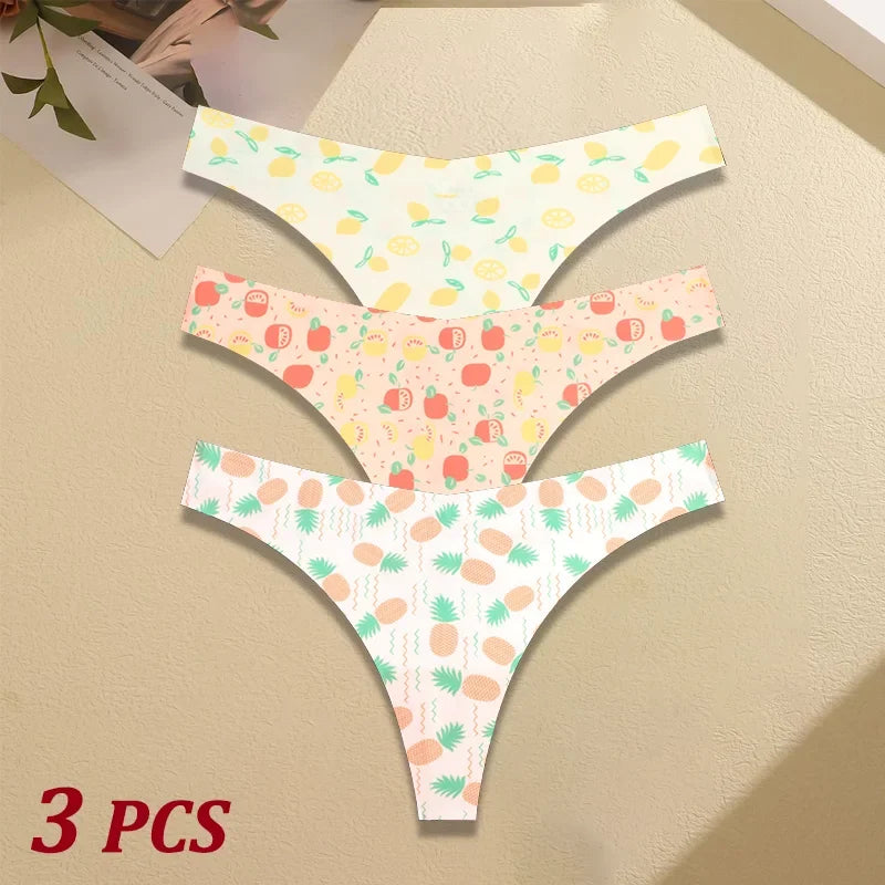 Seamless G-String Thongs for Women — 3-Piece Set with Cute Fruit Design