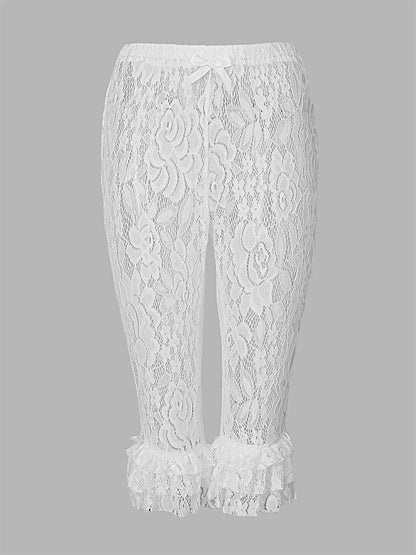 Women Summer Lace Ruffle Capri Leggings Solid Color Sheer Mesh Elastic High Waist See Through Pants