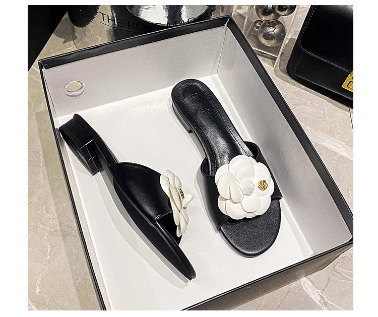 High End Luxury Flower Slippers Women Camellia Shoes Open Toe Slides Femme Outside&amp;Home Pantuflas Sandals Ladies Flip Flops