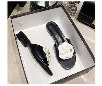 High End Luxury Flower Slippers Women Camellia Shoes Open Toe Slides Femme Outside&amp;Home Pantuflas Sandals Ladies Flip Flops