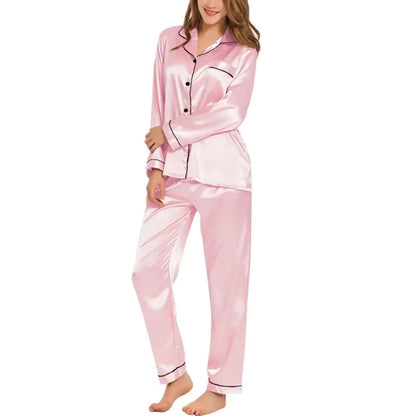Womens Silk Satin Pajamas Loungewear Two-piece Sleepwear Button-Down Full Sleeve Long  Set
