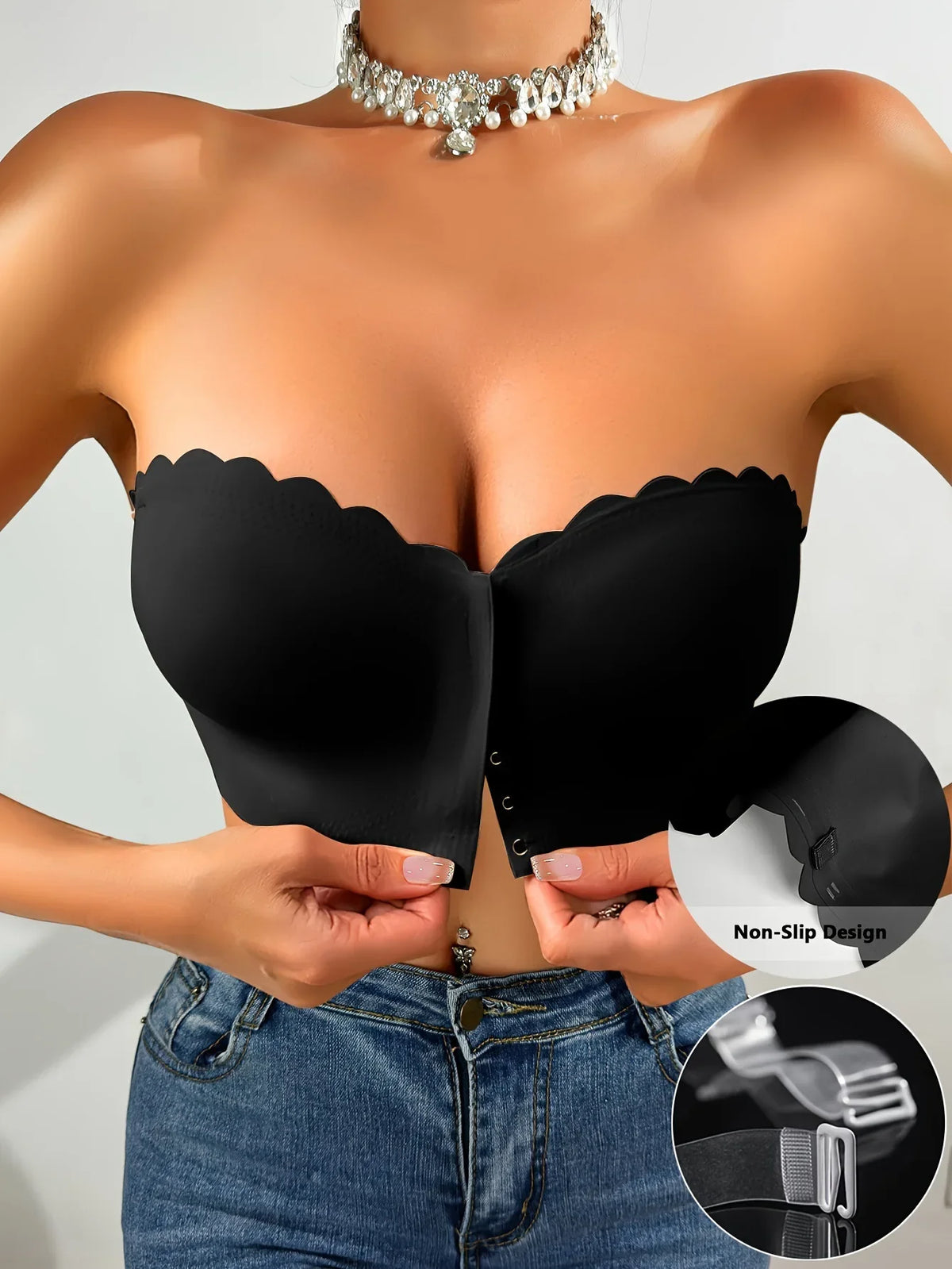 Solid Seamless Strapless Front Closure Wireless Strapless Bra, Sexy Comfy Push Up Bra, Women&