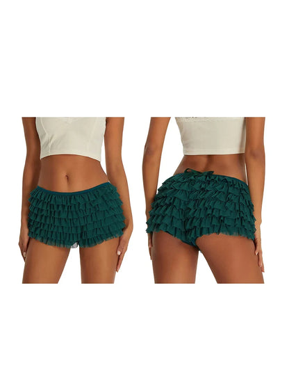 Solid Color Multi-Layer Mesh Short Pants Sweet Cute Bloomers Women Summer Ruffled Frilly Shorts