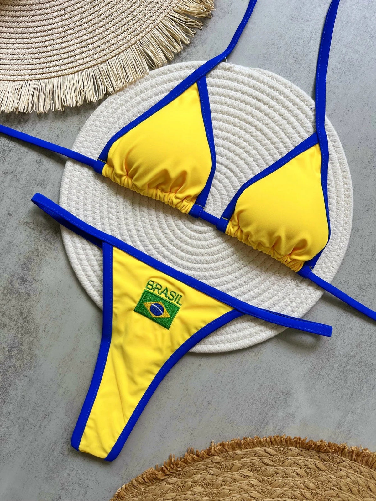 Solid color sexy embroidered Brazilian flag bikini set, women&