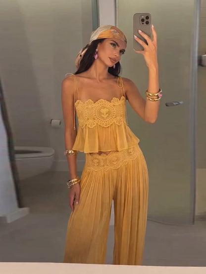Women Pant Set Sheer Layers Spaghetti Strap Backless Lace Top Straps Solid Loose Straight Elastic Hem Fashion Beach Chic Suits