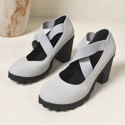 Women Mary Jane Pumps Cross Elastic Strap Suede Chunky High Heel Lug Platform Sole Dress Party Shoes Large Size