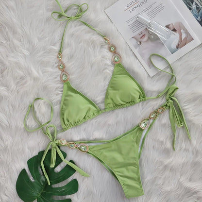 DEKA Two Pieces Halter Metal Chains Diamond Bikini Set Shiny Rhinestone Bikini Women Swimsuit Female Swimwear Bathing Suit Swim