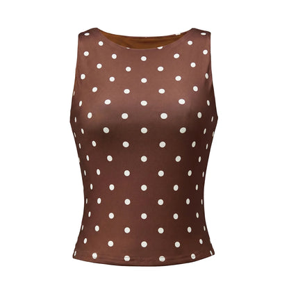 Women Dot Print Tank Tops Summer Crew Neck Sleeveless Classic Slim Fit Crop Vest
